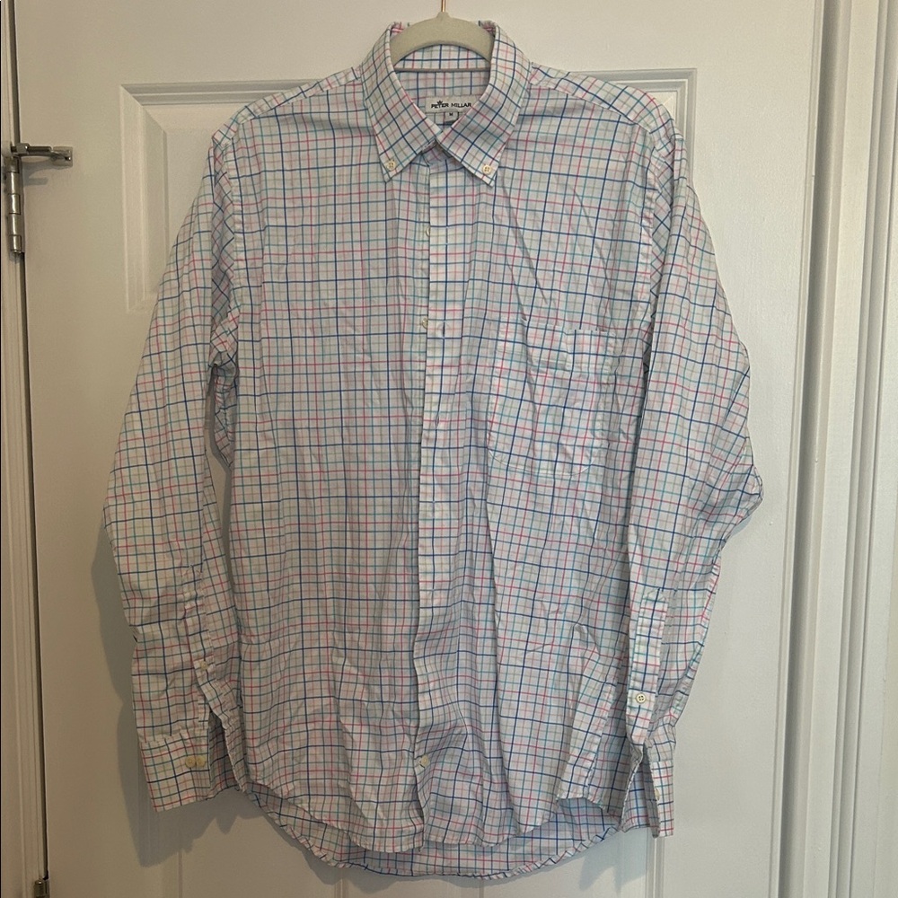 Peter Millar Blue and Pink Checkered Button Down Shirt